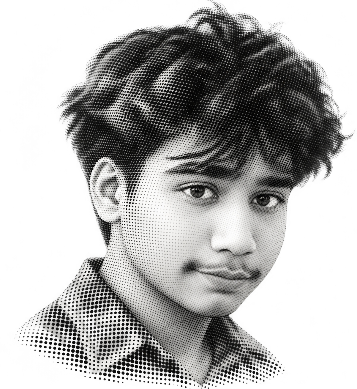 A monochrome, three-dimensional halftone portrait of Harsh Pathak.